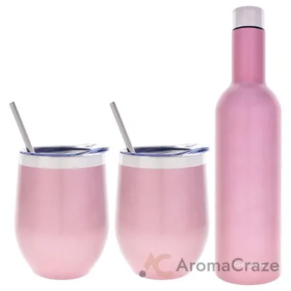 Picture of Stainless Steel Double Wall Wine Tumbler and Wine Bottle - Rose Gold by Chillout Life for Unisex - 3 Pc 2 x 12oz Stainless Steel Wine Tumbler, 2 Stainless Steel Straw, 2 Crystal Clear Splash Proof Lid, 2 Silicone Straw Tips, Straw Cleaning Brush, 25oz Stainless Steel Wine Bottle (Empty)