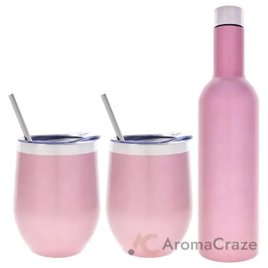 Picture of Stainless Steel Double Wall Wine Tumbler and Wine Bottle - Rose Gold by Chillout Life for Unisex - 3 Pc 2 x 12oz Stainless Steel Wine Tumbler, 2 Stainless Steel Straw, 2 Crystal Clear Splash Proof Lid, 2 Silicone Straw Tips, Straw Cleaning Brush, 25oz Stainless Steel Wine Bottle (Empty)