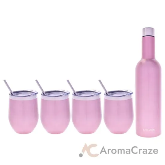 Picture of Stainless Steel Double Wall Wine Tumbler and Wine Bottle - Rose Gold by Chillout Life for Unisex - 5 Pc 4 x 12oz Stainless Steel Wine Tumbler, 4 Stainless Steel Straw, 4 Crystal Clear Splash Proof Lid, 4 Silicone Straw Tips, 2 Straw Cleaning Brush, 25oz Stainless Steel Wine Bottle (Empty)