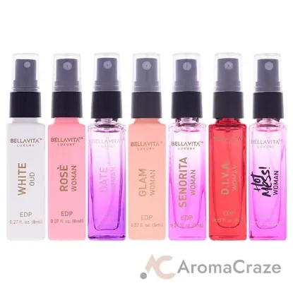 Picture of Discovery Set by Bellavita for Women - 7 Pc Mini Gift Set 0.27oz Rose EDP Spray, 0.27oz Glam EDP Spray, 0.27oz Date EDP Spray, 0.27oz Senorita EDP Spray, 0.27oz D.i.v.a. EDP Spray, 0.27oz Hot Mess EDP Spray, 0.27oz White Oud EDP Spray