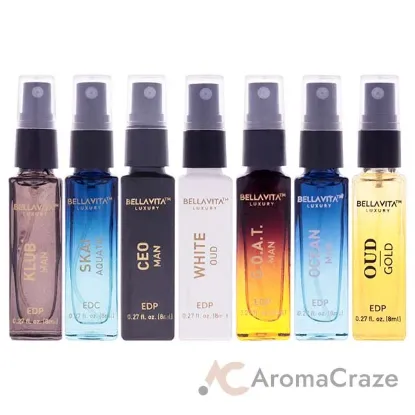 Picture of Discovery Set by Bellavita for Men - 7 Pc Mini Gift Set 0.27oz G.o.a.t. EDP Spray, 0.27oz Klub EDP Spray, 0.27oz Gold Oud EDP Spray, 0.27oz Ceo EDP Spray, 0.27oz Skai Aquatic EDP Spray, 0.27oz Ocean EDP Spray, 0.27oz White Oud EDP Spray