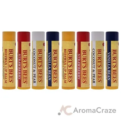 Picture of Best Of Burts Moisturizing Lip Balm Set by Burts Bees for Unisex - 4 x 0.15 oz Lip Balm Beeswax, Strawberry, Coconut and Pear, Vanilla Bean - Pack of 2