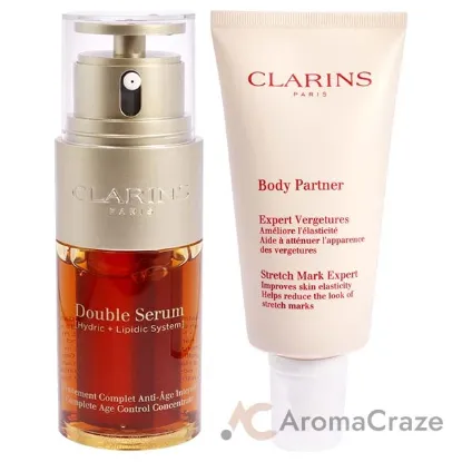 Picture of Double Serum Complete Age Control Concentrate and Body Partner Stretch Mark Expert Kit by Clarins for Unisex - 2 Pc Kit 1oz Serum, 5.8oz Body Lotion