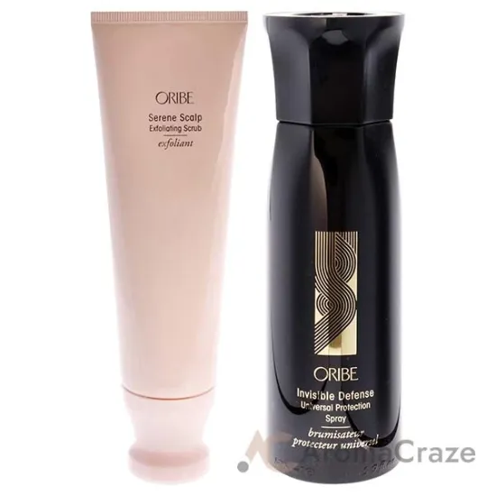 Picture of Serene Scalp Exfoliating Scrub and Invisible Defense Universal Protection Spray Kit by Oribe for Unisex - 2 Pc Kit 4.2oz Exfoliator, 5.9oz Hairspray