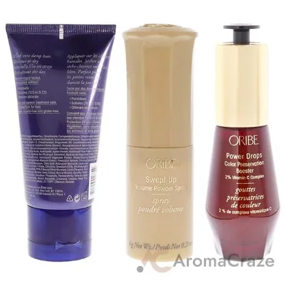 Picture of Oribe Kit by Oribe for Unisex - 3 Pc Kit 1.7oz Supershine Moisturizing Cream, 0.21oz Swept Up Volume Powder Spray, 1oz Power Drops Color Preservation Booster