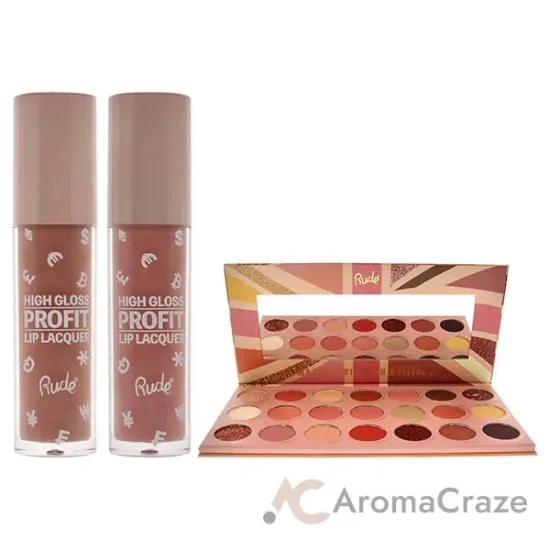 Picture of Rude Cosmetics Kit by Rude Cosmetics for Women - 3 Pc Kit 0.74 oz United Peachy Nudes - 21 Pressed Pigment and Shadows Palette, 0.141 oz High Gloss Profit Lip Lacquer - Bitcoin, 0.141 oz High Gloss Profit Lip Lacquer - Pound