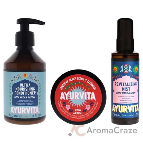 Picture of Brahmi Sensitive Scalp Scrub and Cleanser - Neem and Reetha Ultra Nourishing Conditioner with Maka and Neem Revitalizing Mist Kit by AyurVita for Unisex - 3 Pc Kit 8.8oz Cleanser, 10oz Conditioner, 5oz Mist