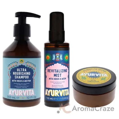 Picture of Restorative Hair Treatment With Fenugreek - Neem and Reetha Ultra Nourishing Shampoo with Maka and Neem Revitalizing Mist Kit by AyurVita for Unisex - 3 Pc Kit 5.2oz Treatment, 10oz Shampoo, 5oz Mist