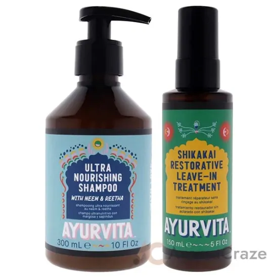 Picture of Neem and Reetha Ultra Nourishing Shampoo with Shikakai Restorative Leave In Treatment Kit by AyurVita for Unisex - 2 Pc Kit 10oz Shampoo, 5oz Treatment