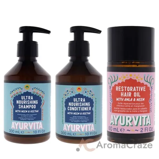 Picture of Neem and Reetha Ultra Nourishing Conditioner and Shampoo with Amla and Neem Restorative Hair Oil Kit by AyurVita for Unisex - 3 Pc Kit 10oz Conditioner, 10oz Shampoo, 2oz Oil