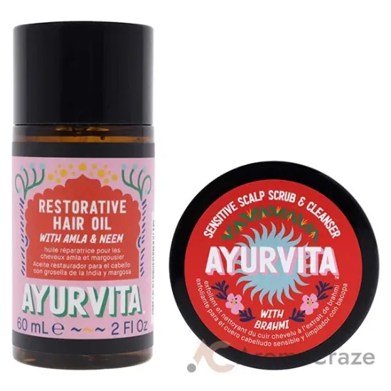 Picture of Amla and Neem Restorative Hair Oil with Brahmi Sensitive Scalp Scrub and Cleanser Kit by AyurVita for Unisex - 3 Pc Kit 2 x 2oz Oil, 8.8oz Cleanser