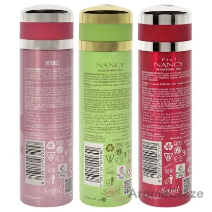 Picture of Sapil Kit by Sapil for Women - 3 Pc Kit 6.76 oz Deodorant Spray - Intense, 6.76oz Deodorant Spray - Nancy Green, 6.76oz Deodorant Spray - Pink Nancy