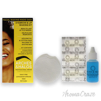 Picture of Eyebrow and Lip Waxing Kit by Arches and Halos for Women 3 Pc 24 Wax Strips, 26 Cotton Pads, 0.47oz Azulene Oil