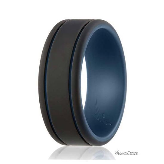 Picture of Silicone Wedding Ring - Duo Collection 2 Thin Lines - Blue-Black by ROQ for Men - 7 mm Ring