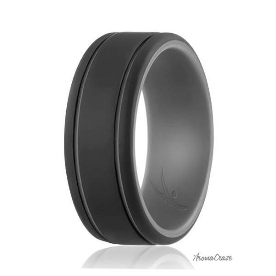 Picture of Silicone Wedding Ring - Duo Collection 2 Thin Lines - Grey-Black by ROQ for Men - 13 mm Ring