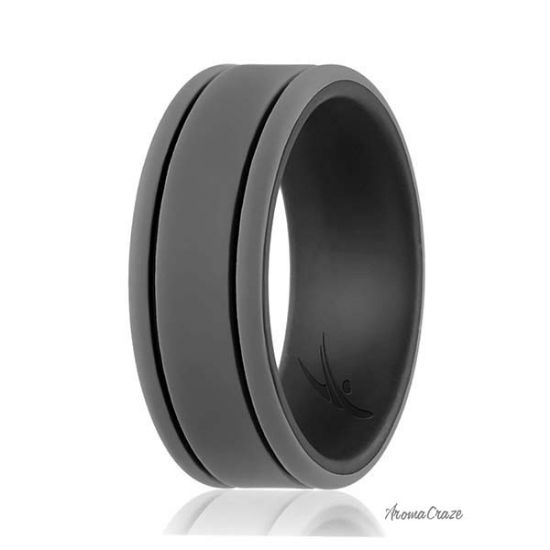Picture of Silicone Wedding Ring - Duo Collection 2 Thin Lines - Black-Grey by ROQ for Men - 7 mm Ring