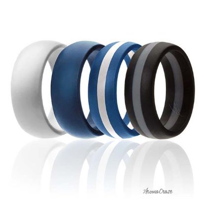 Picture of Silicone Wedding Ring - Dome Style with Middle Line Set by ROQ for Men - 4 x 9 mm White, Blue, Blue with White Line, Black with Grey Line