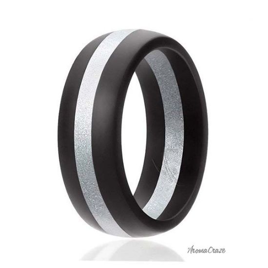 Picture of Silicone Wedding Ring - Dome Style with Middle Line - Black-Silver by ROQ for Men - 7 mm Ring